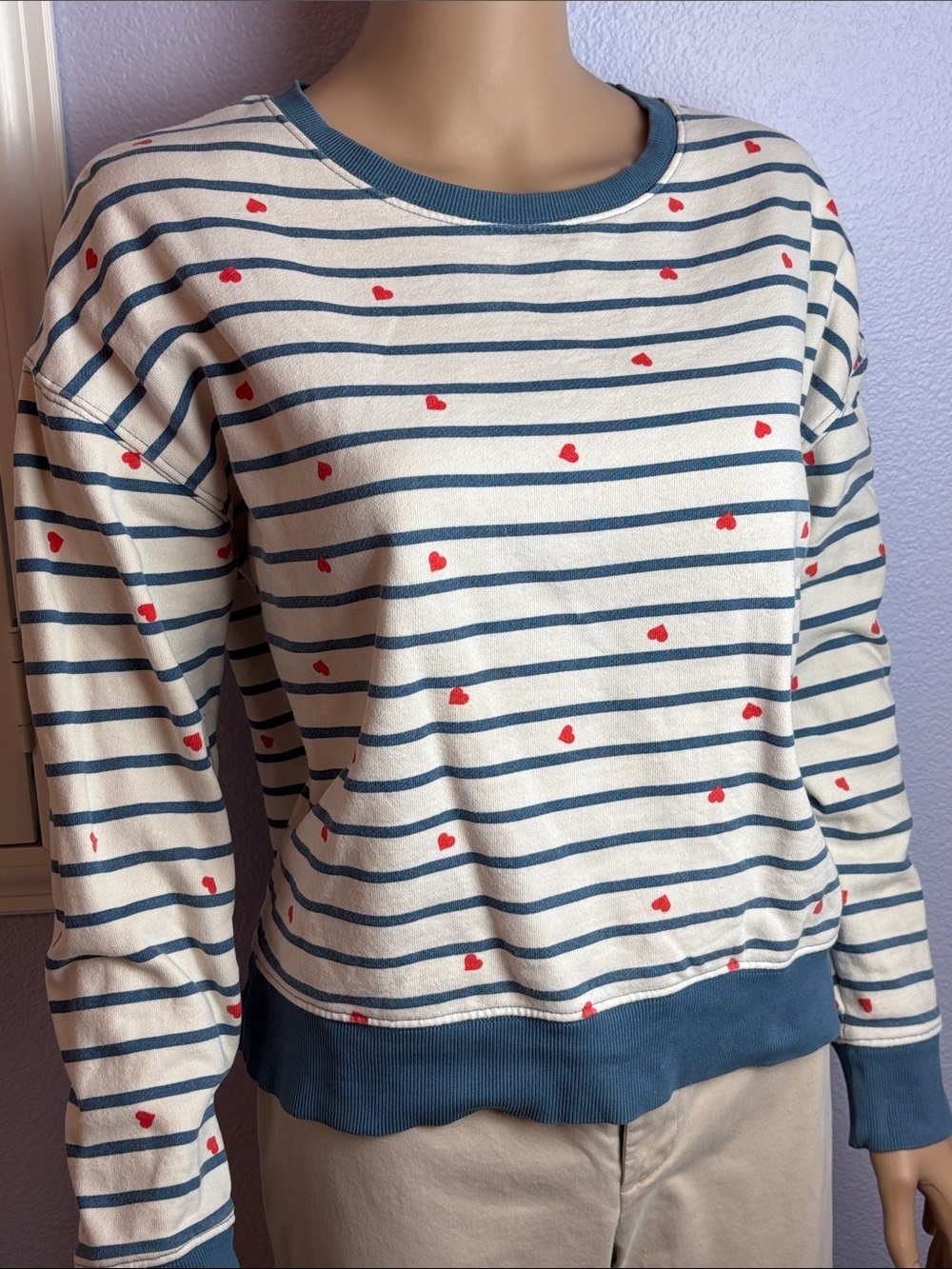 Pact Cream and Navy Striped Crewneck Sweater with Red Heart Print